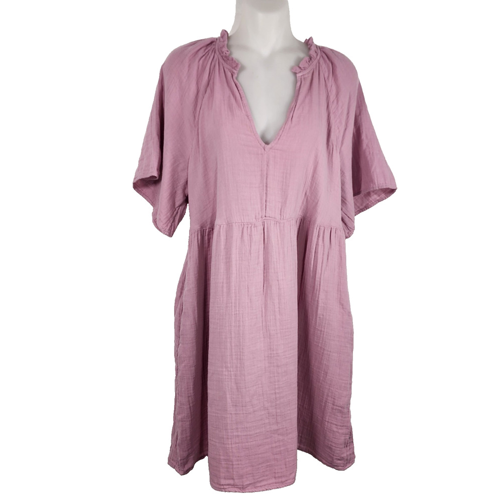 Old Navy Women's Split Neck Crinkle Gauze Mini Swing Dress Rose Dawn Pockets M
